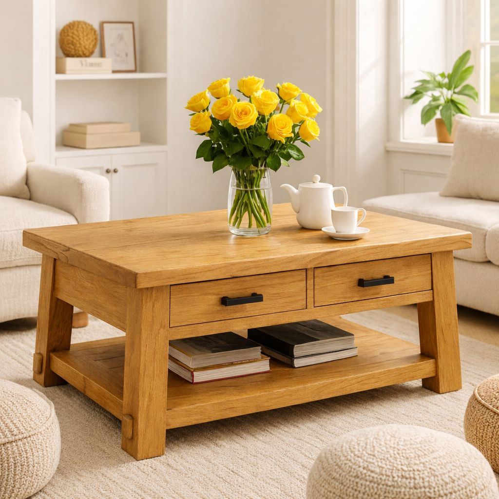 Solid Wood Coffee Table with Drawers and Storage Shelf Rustic Living Room Table