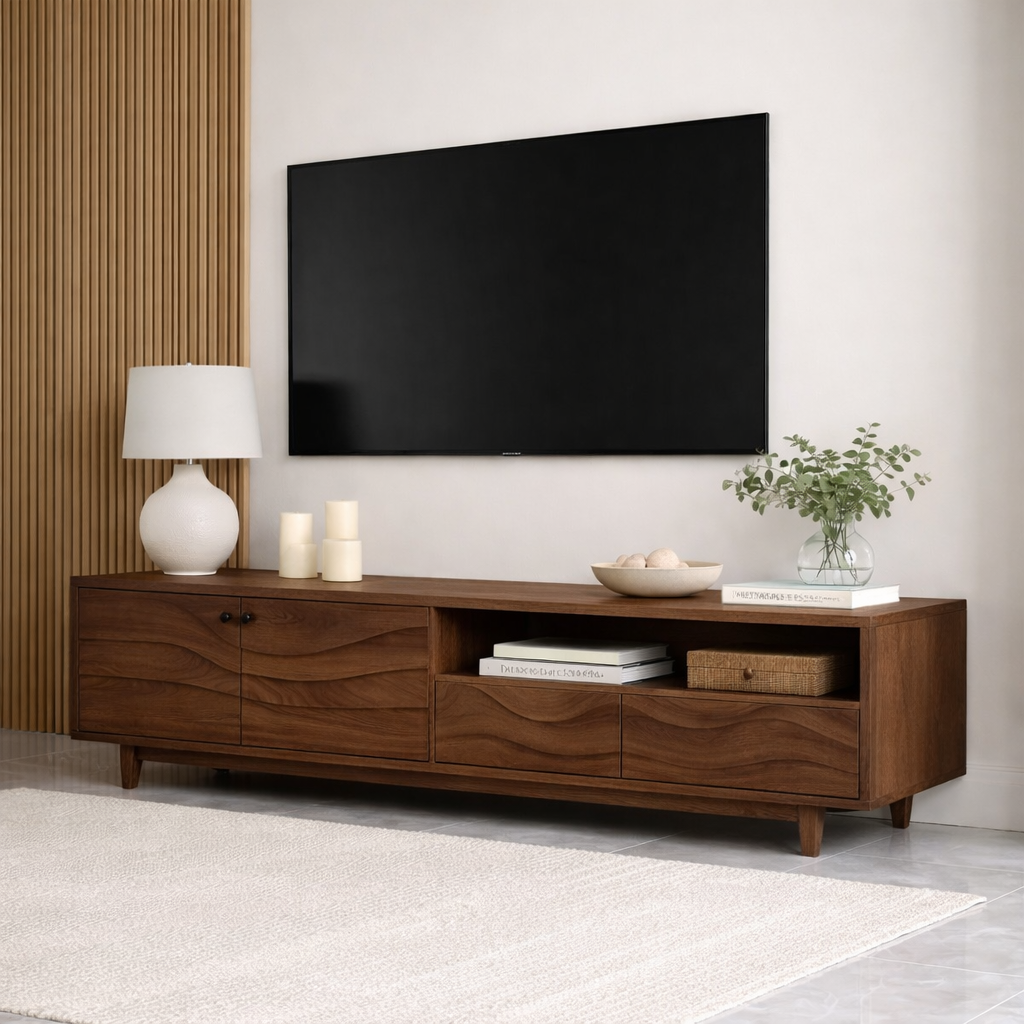 Mid Century Solid Wood TV Stand Long Media Console Modern Entertainment Cabinet
