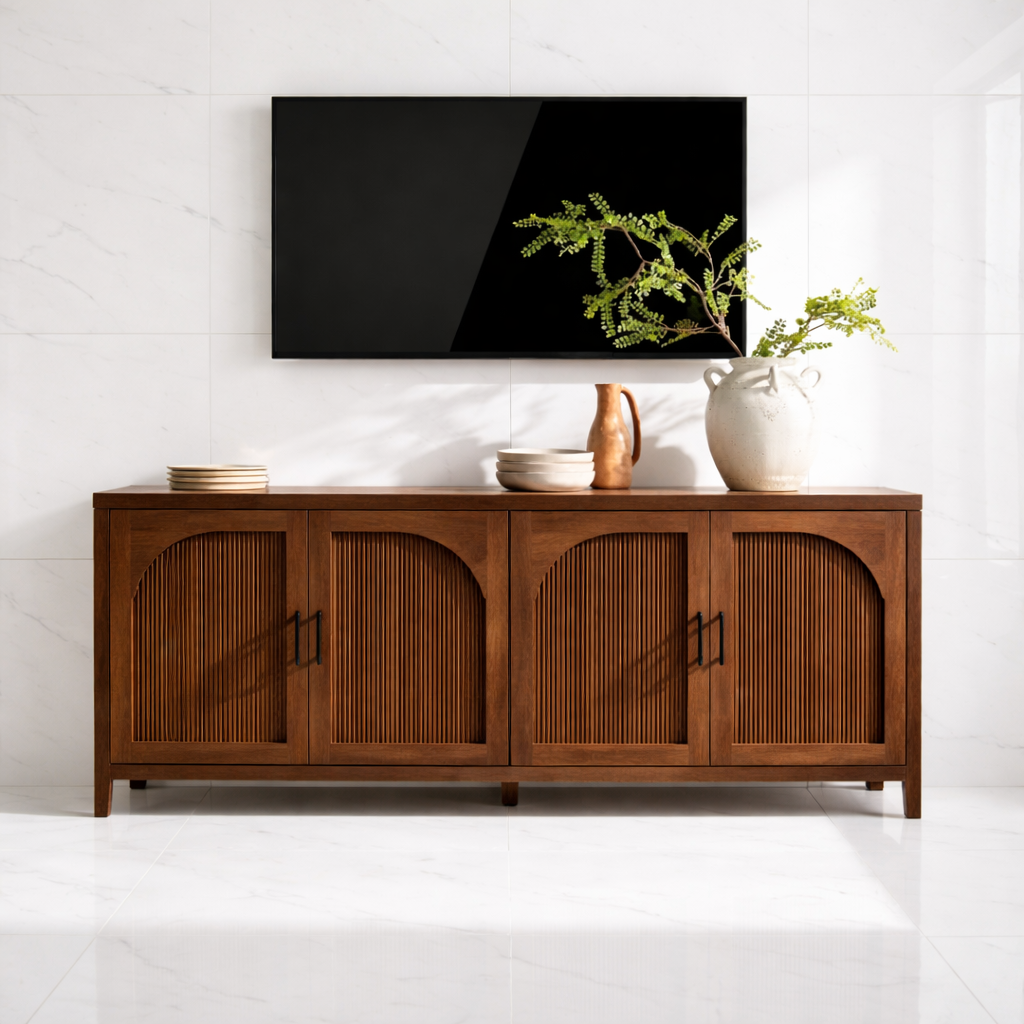 Modern Solid Wood TV Stand Arched Fluted Doors Media Console Storage Cabinet