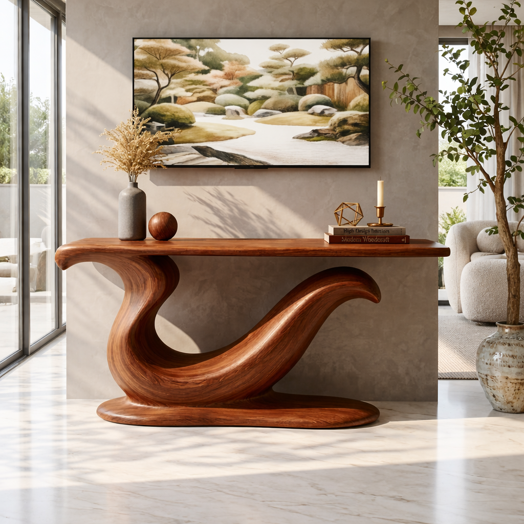 Solid Wood Console Table with Sculpted Curved Base, Modern Artistic Design
