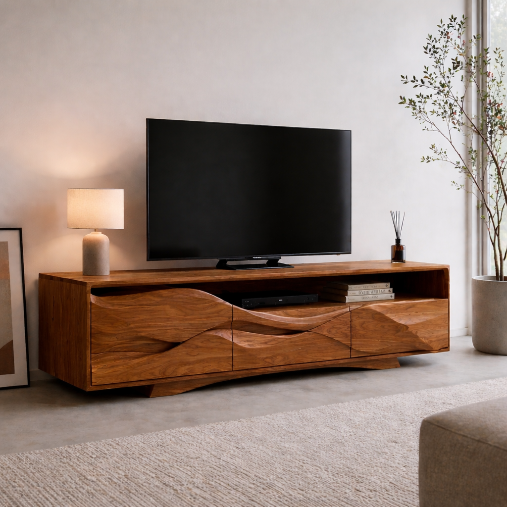 Solid Wood Media Console with Sculpted Front, Modern TV Stand with Storage Shelves