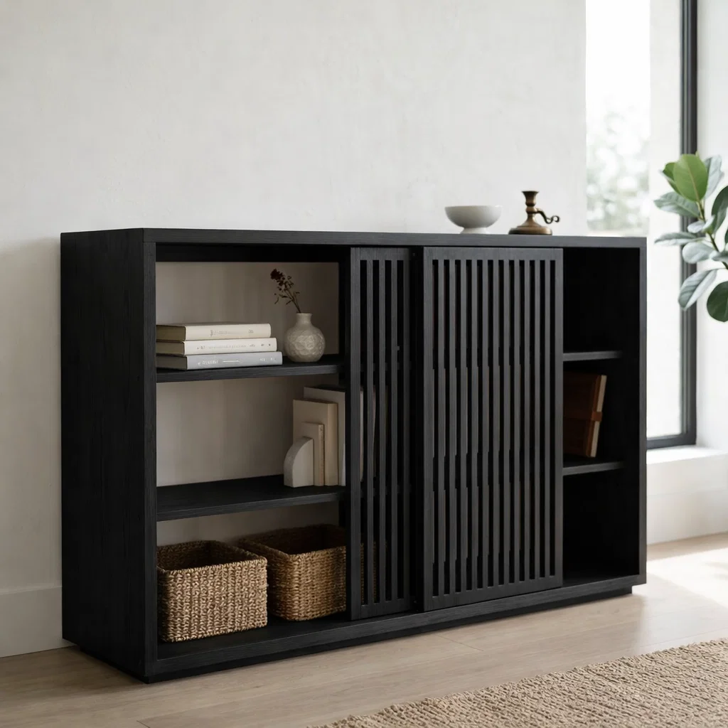 Solid Oak Console Cabinet with Sliding Slatted Doors – Modern Storage Sideboard