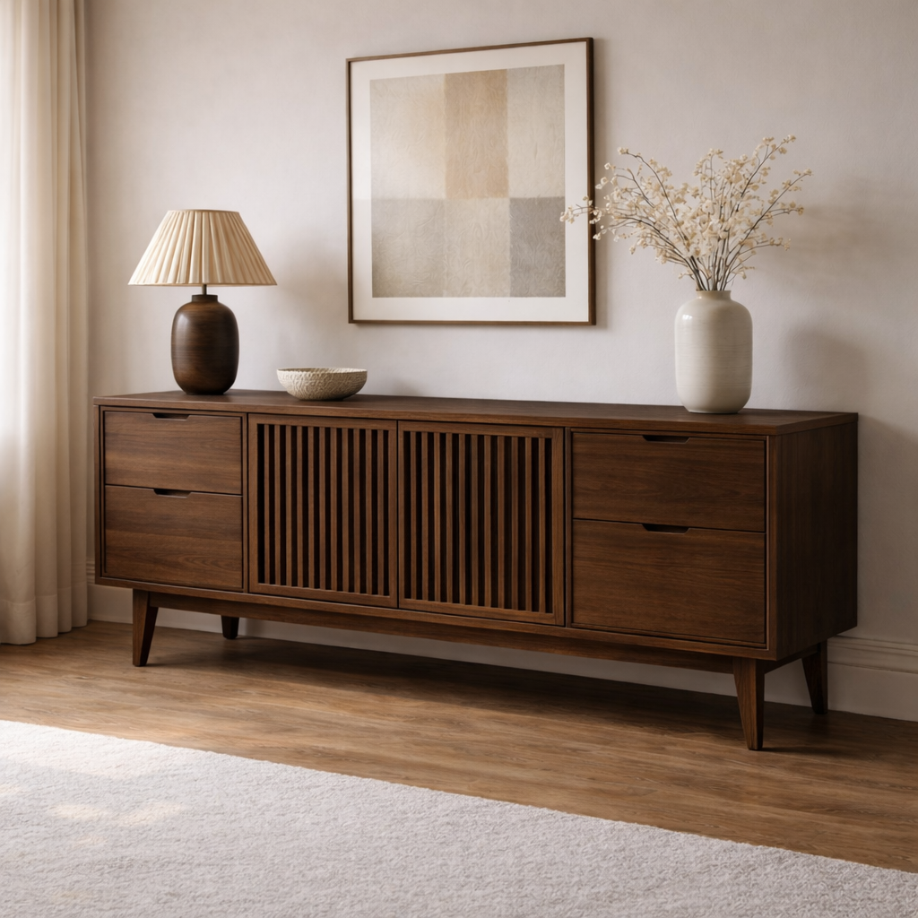 Solid Wood Console Cabinet with Slatted Doors and Drawer Storage