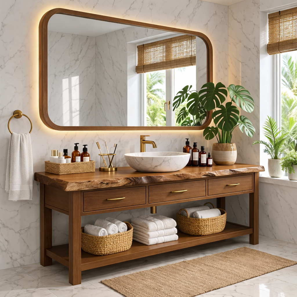 Elegant Wooden Bathroom Vanity with Spacious Storage and Marble Sink