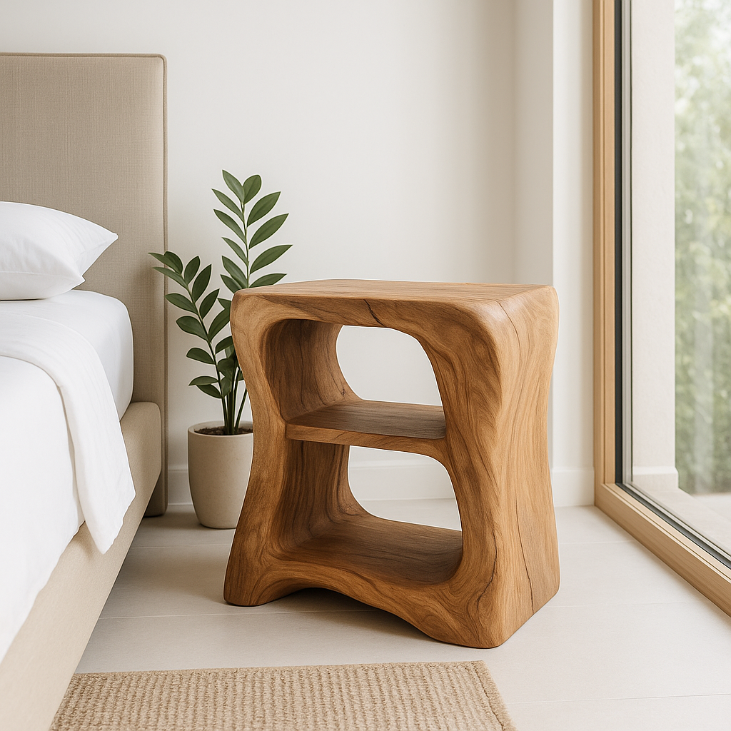 Modern Wooden Nightstand with Curved Design - Solid Wood Bedside Table for Bedroom