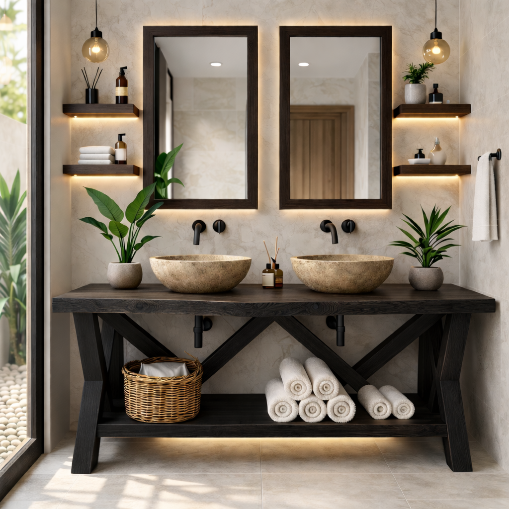 Rustic Double Bathroom Vanity Cabinet With Open Shelf Farmhouse Wood Vanity Base