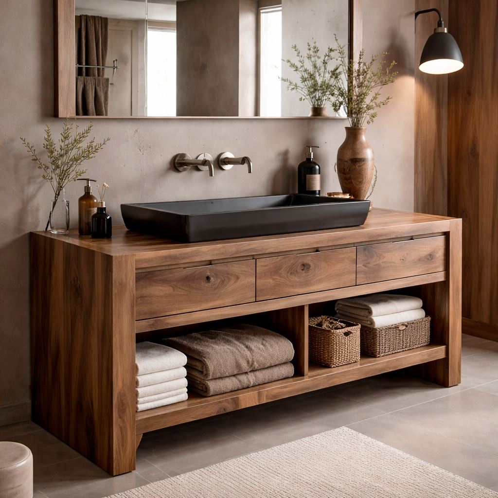 Solid Wood Bathroom Vanity Cabinet with Drawers & Open Shelf β Modern Walnut Vanity Base