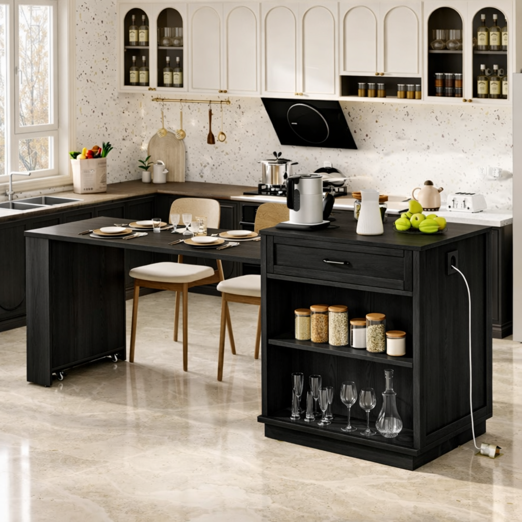 Rolling Kitchen Island with Extendable Dining Table, Storage Shelf, Modern Prep Cart Home