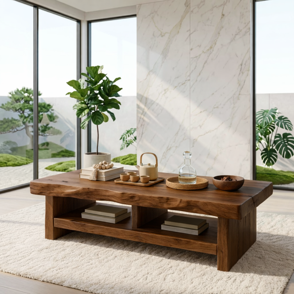 Rustic Solid Wood Coffee Table with Live Edge Top and Open Storage Shelf