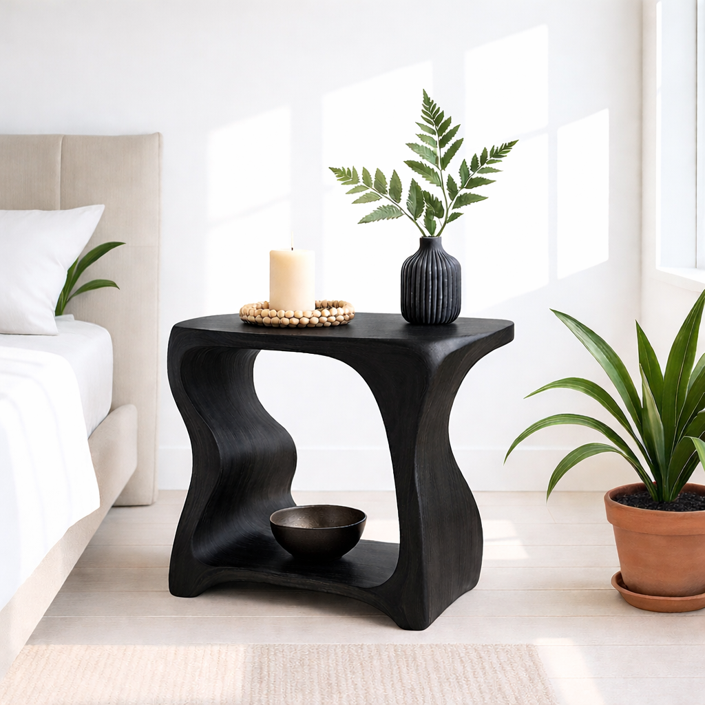Modern Wooden Nightstand with Curved Design for Bedroom - Natural Wood Finish
