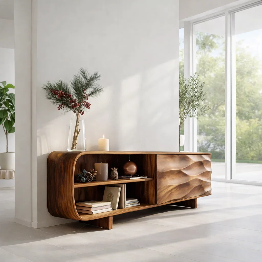 Solid Wood Sideboard Console with Wave Carved Door & Open Shelf Storage