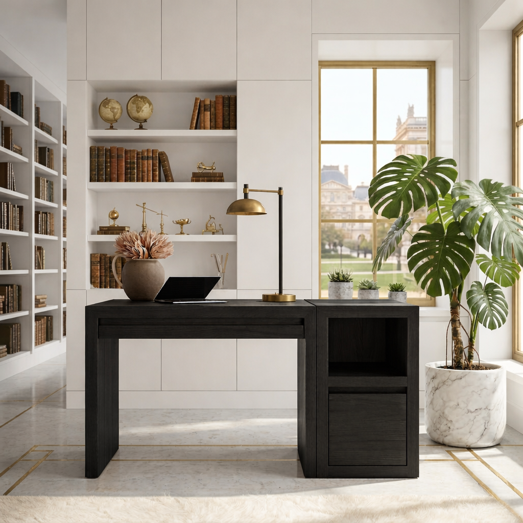 Modern Writing Desk with Storage Cabinet Minimal Home Office Work Table Clean Design