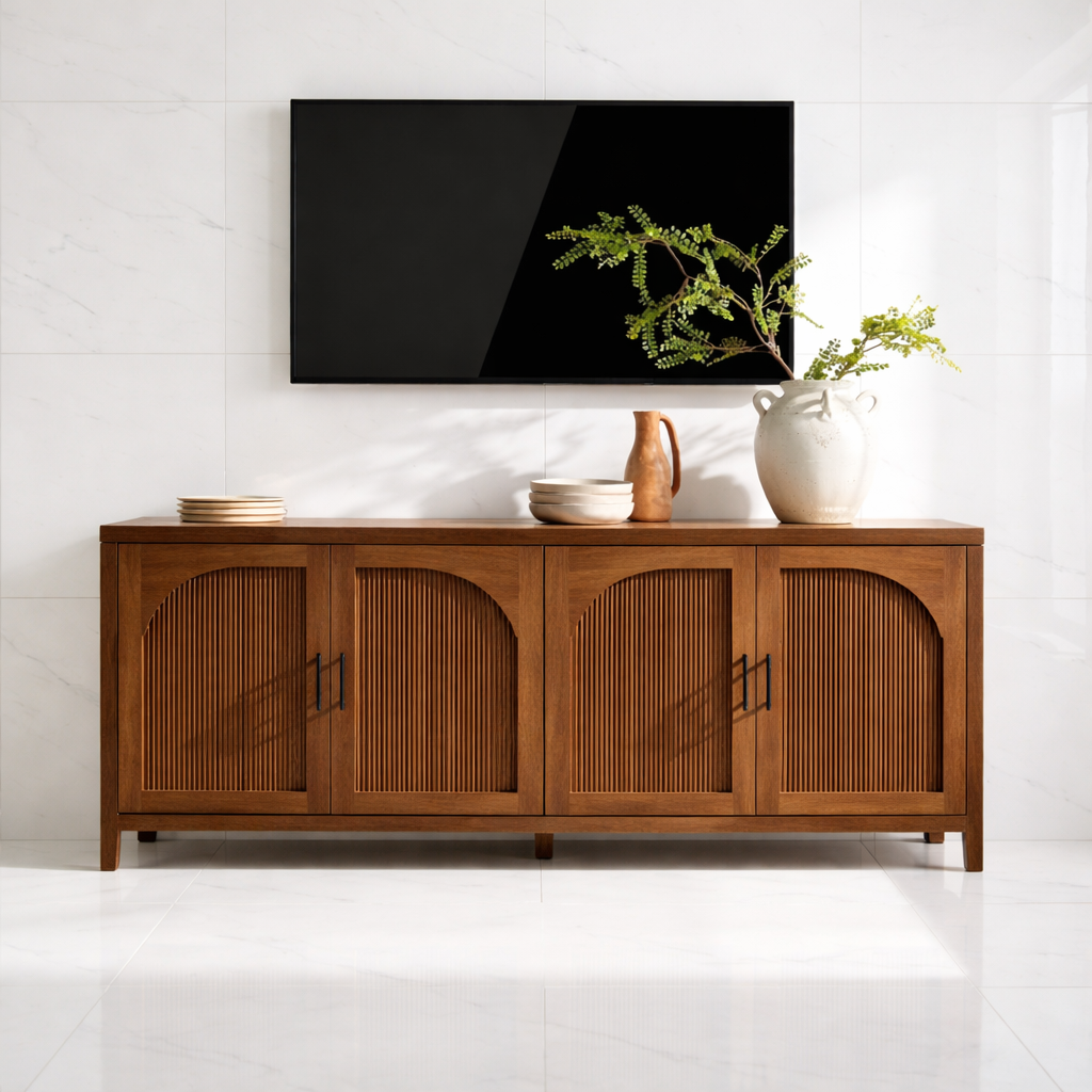 Modern Solid Wood TV Stand Arched Fluted Doors Media Console Storage Cabinet
