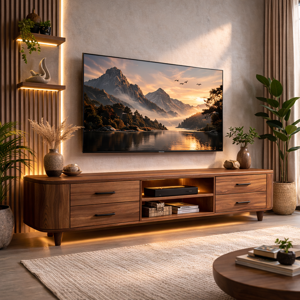 Mid Century Solid Wood TV Stand with Drawers and Open Shelf – Modern Media Console