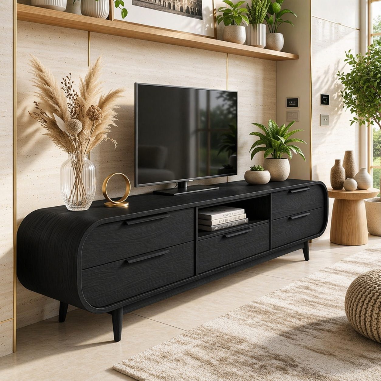 Modern Curved TV Stand, Minimalist Media Console, Storage Cabinet