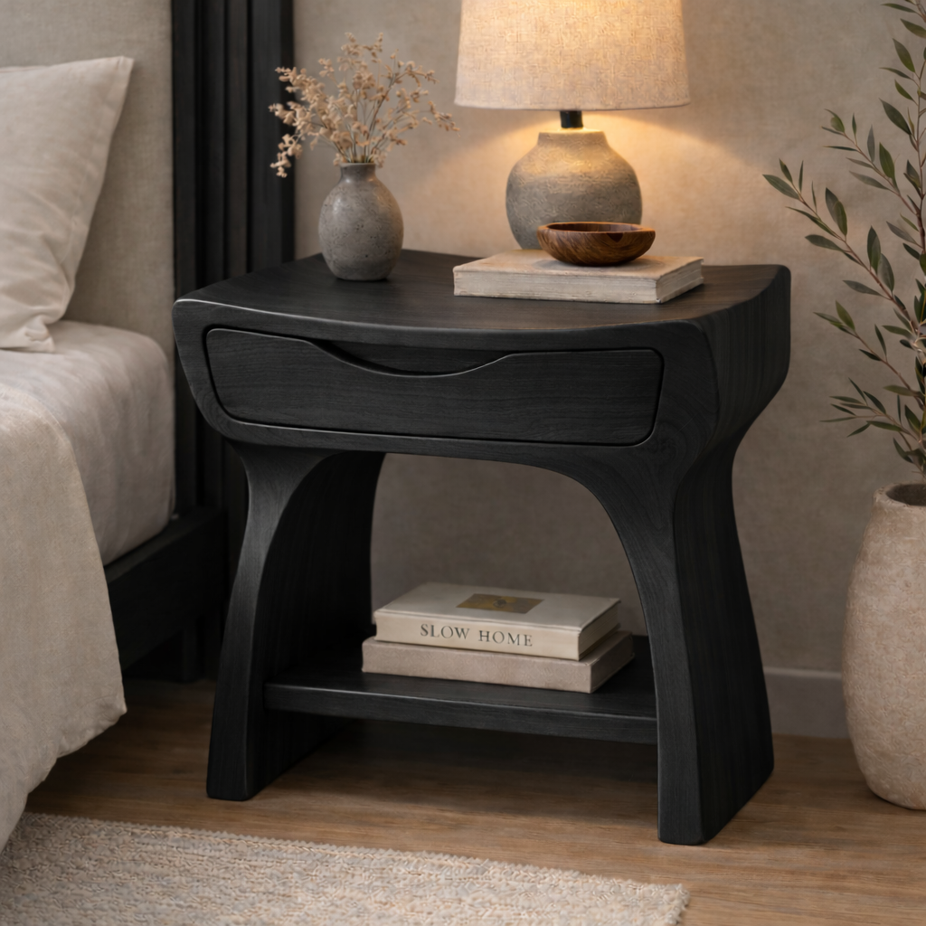 Solid Wood Nightstand with Drawer and Shelf – Modern Curved Bedside Table