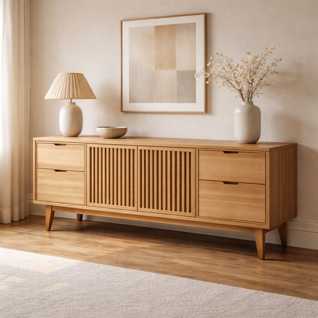Solid Wood Console Cabinet with Slatted Doors and Drawer Storage