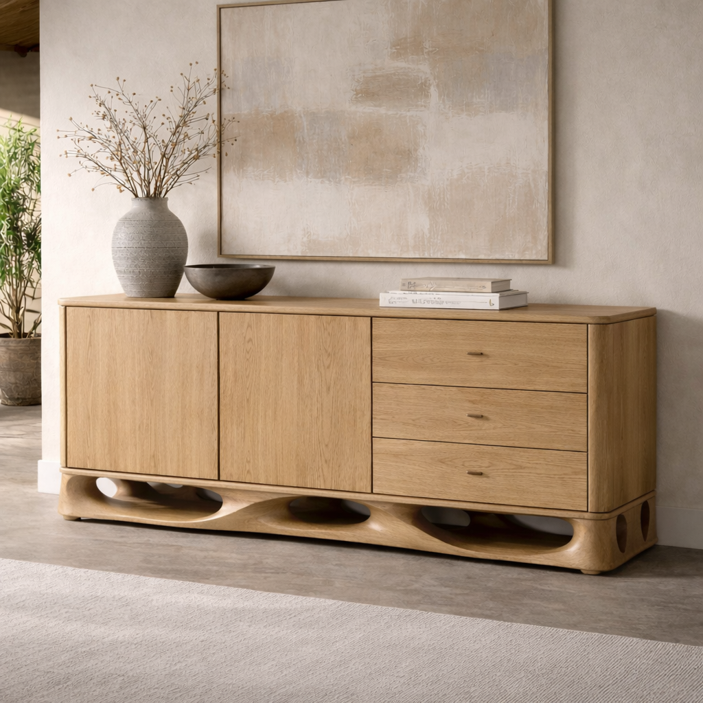 Solid Wood Console Cabinet with Sculptural Base and Drawer Storage