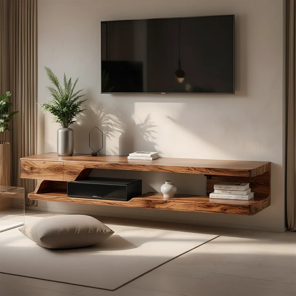 Solid Wood Floating TV Stand Modern Wall Mounted Media Console Shelf