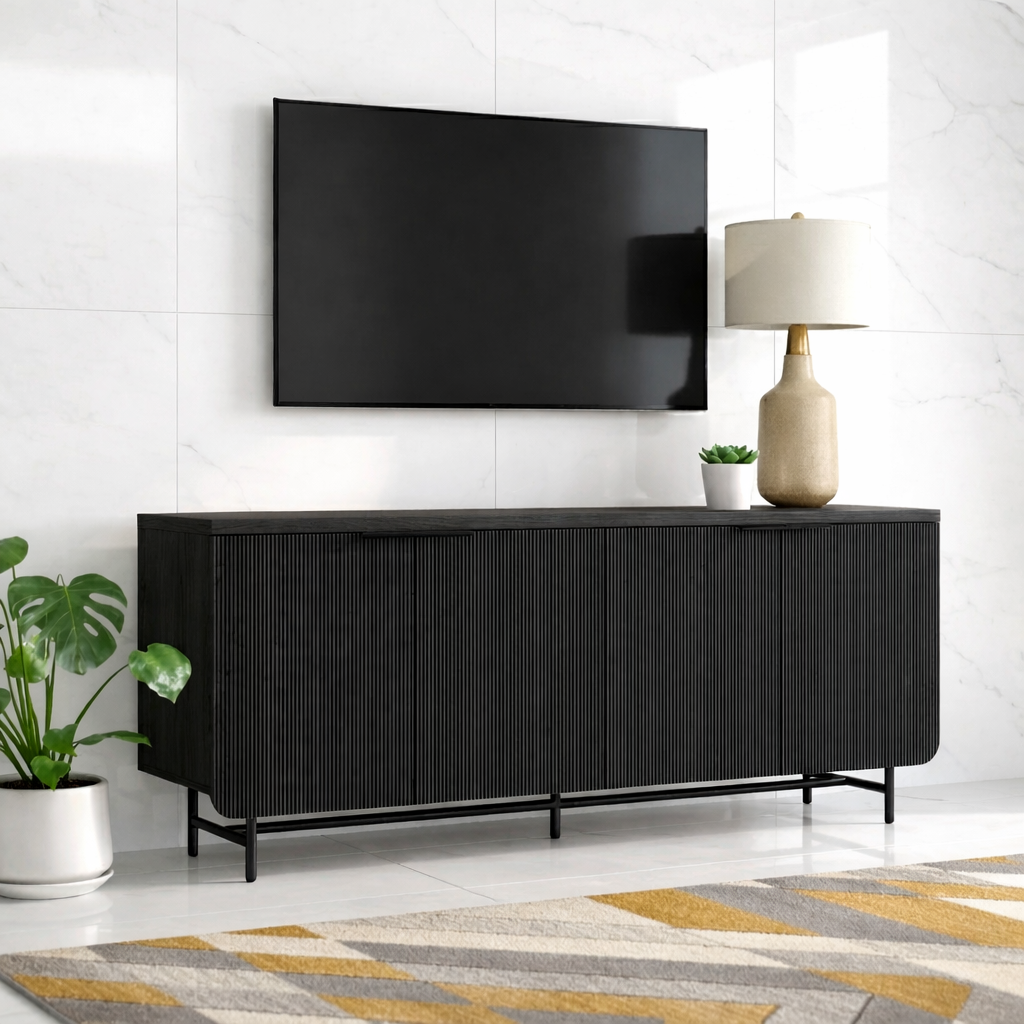 Modern Solid Wood TV Stand Fluted Front Media Console with Metal Base Storage Unit