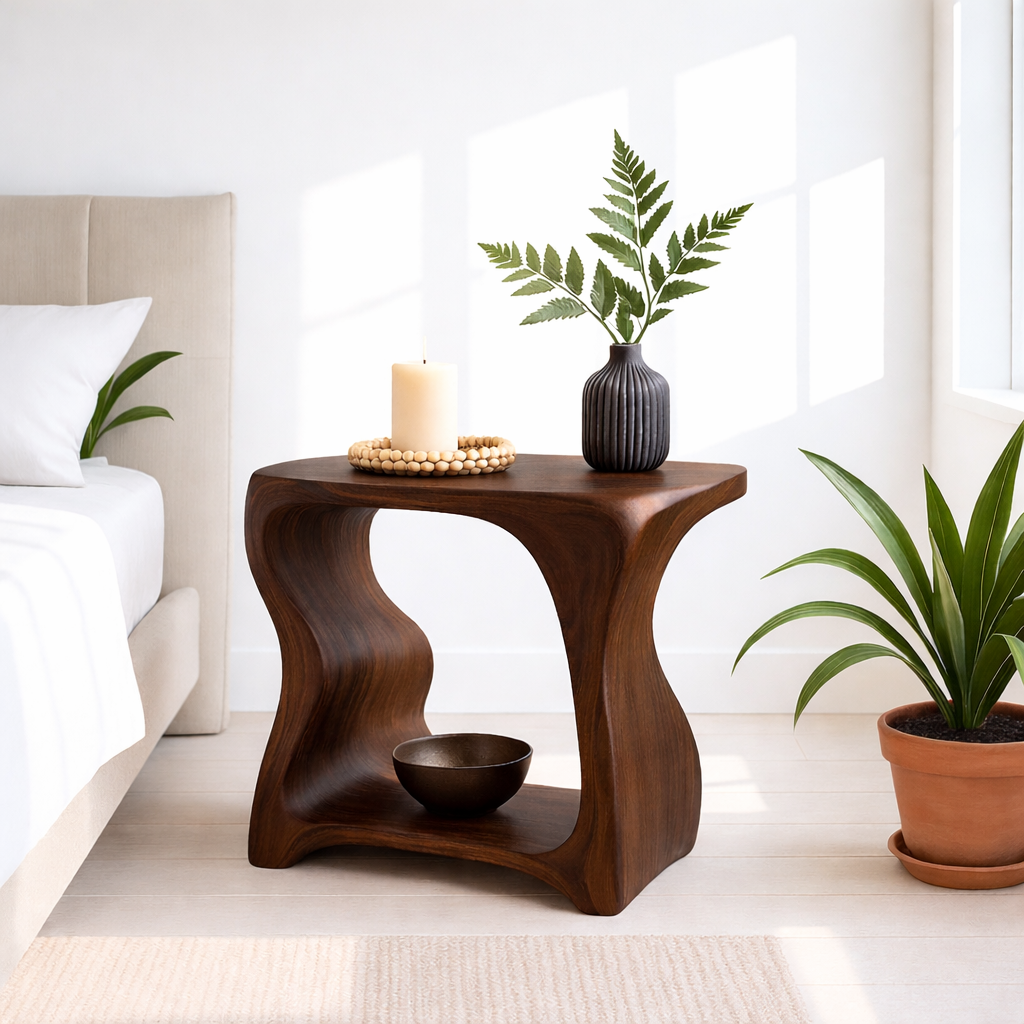 Modern Wooden Nightstand with Curved Design for Bedroom - Natural Wood Finish