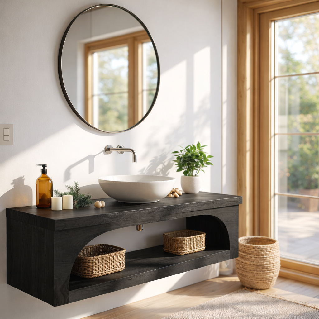 Floating Vanity with Walnut Wood Finish and Spacious Storage Shelf