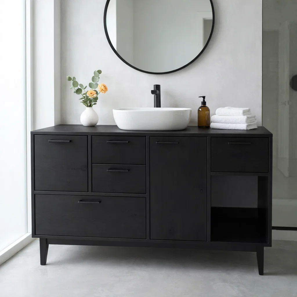 Solid Wood Bathroom Vanity with Drawers & Open Storage β Modern Design