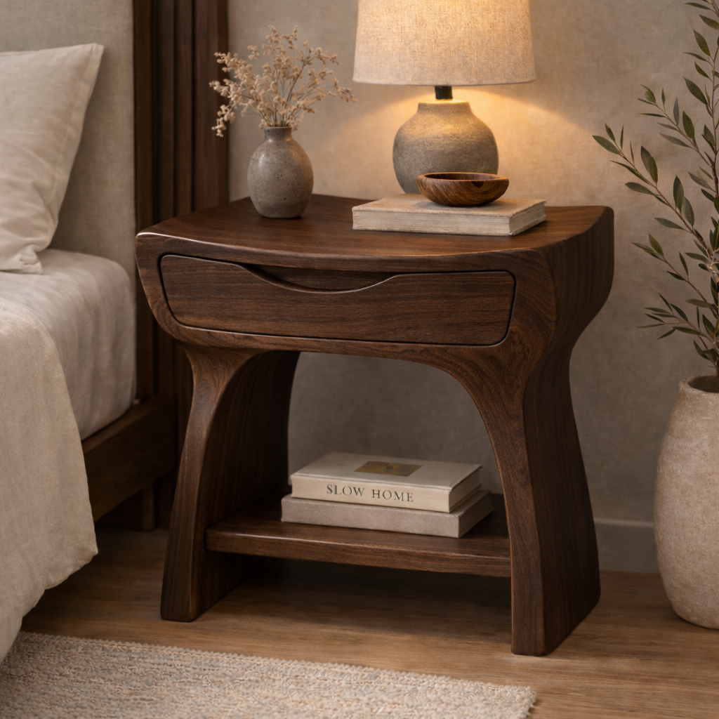 Solid Wood Nightstand with Drawer and Shelf – Modern Curved Bedside Table
