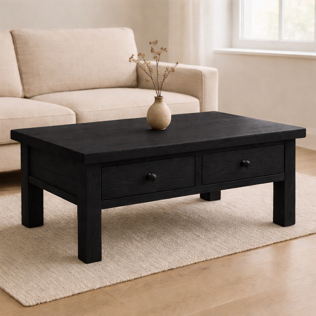 Solid Wood Coffee Table with Drawers Rustic Living Room Storage Coffee Table