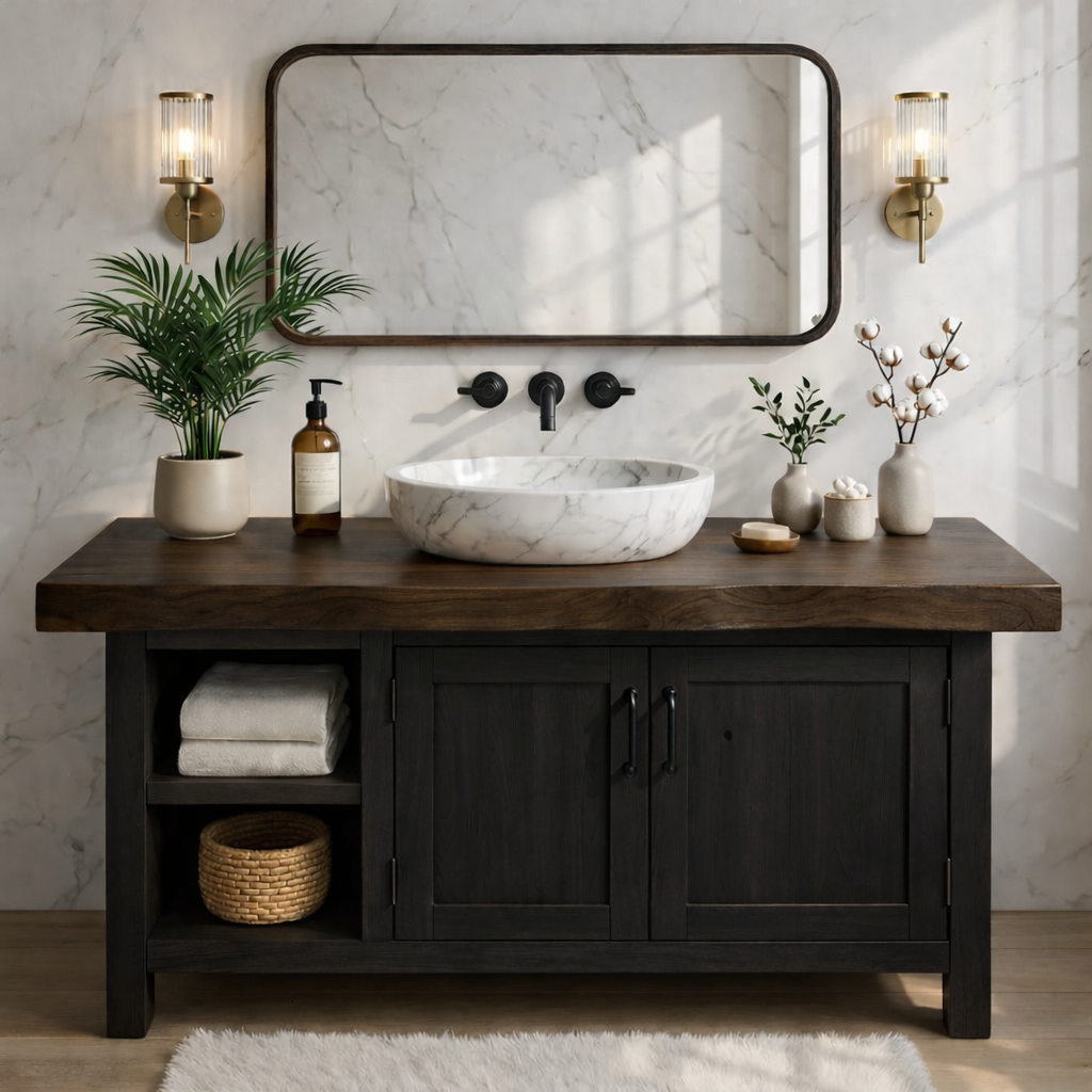 Handcrafted Solid Wood Bathroom Vanity with Live Edge Top and Farmhouse Rustic Design