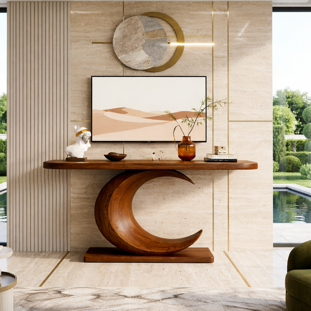 Solid Wood Console Table with Sculpted Crescent Base, Modern Artistic Design
