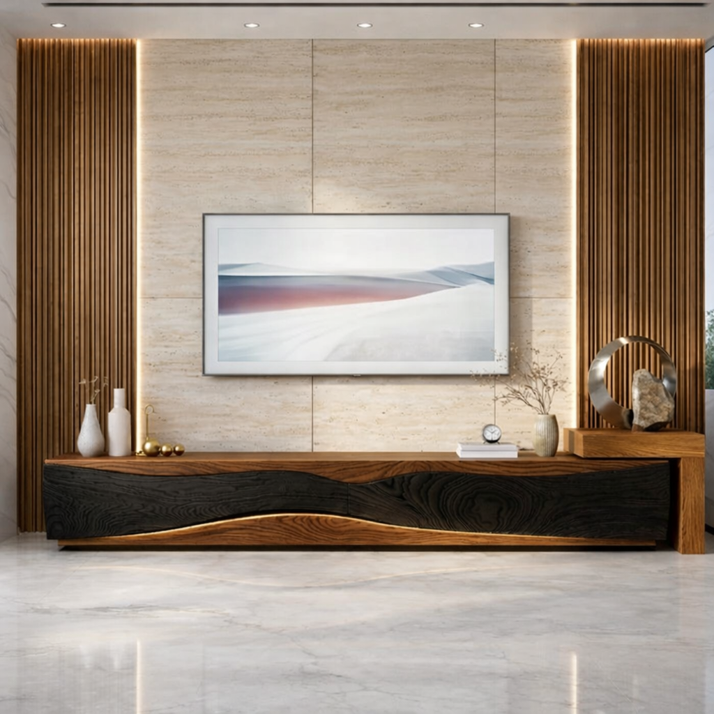 Handcrafted Solid Wood TV Stand with Black Wave Front, Entertainment Centerpiece