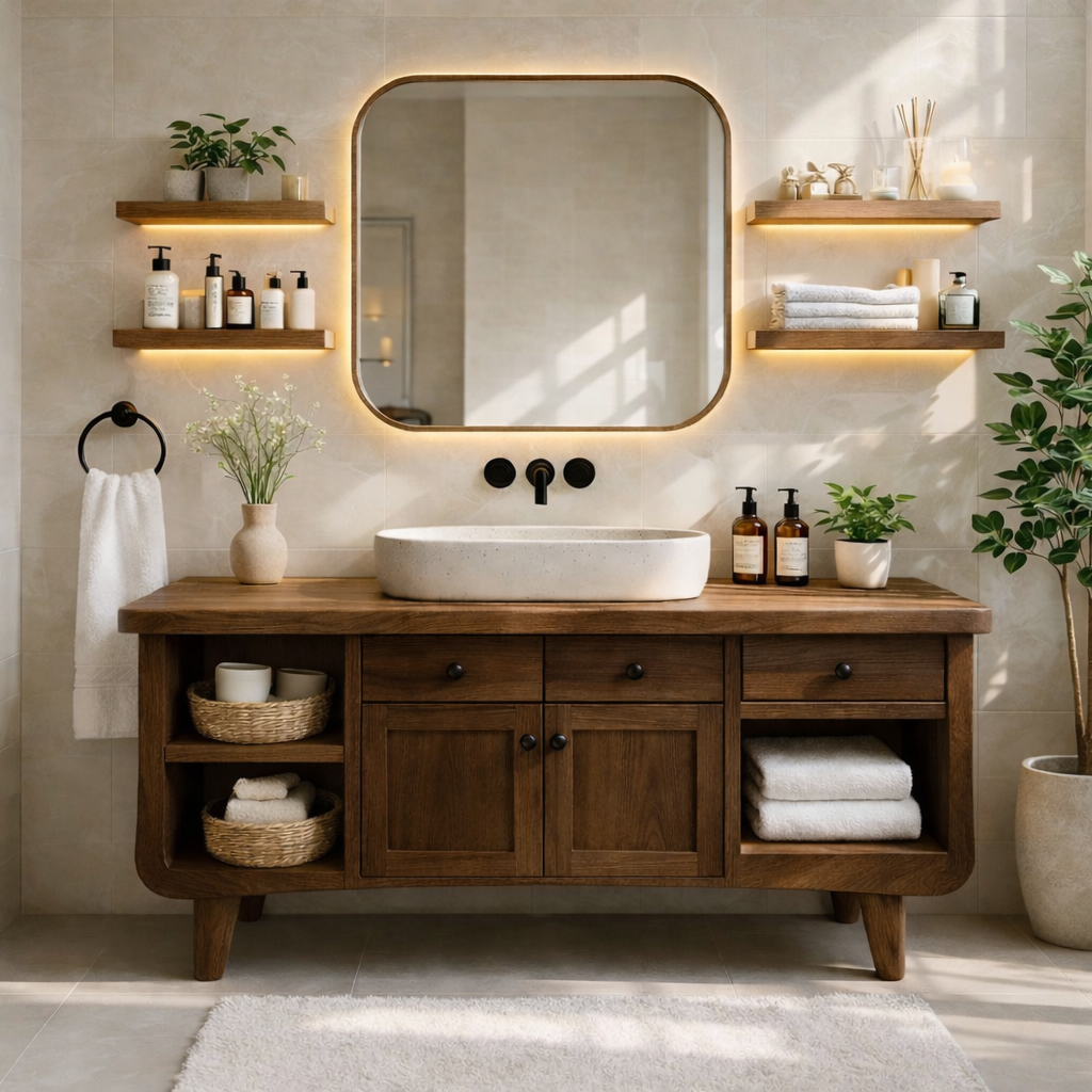 Modern Farmhouse Bathroom Vanity Cabinet With Drawers And Open Shelf Storage