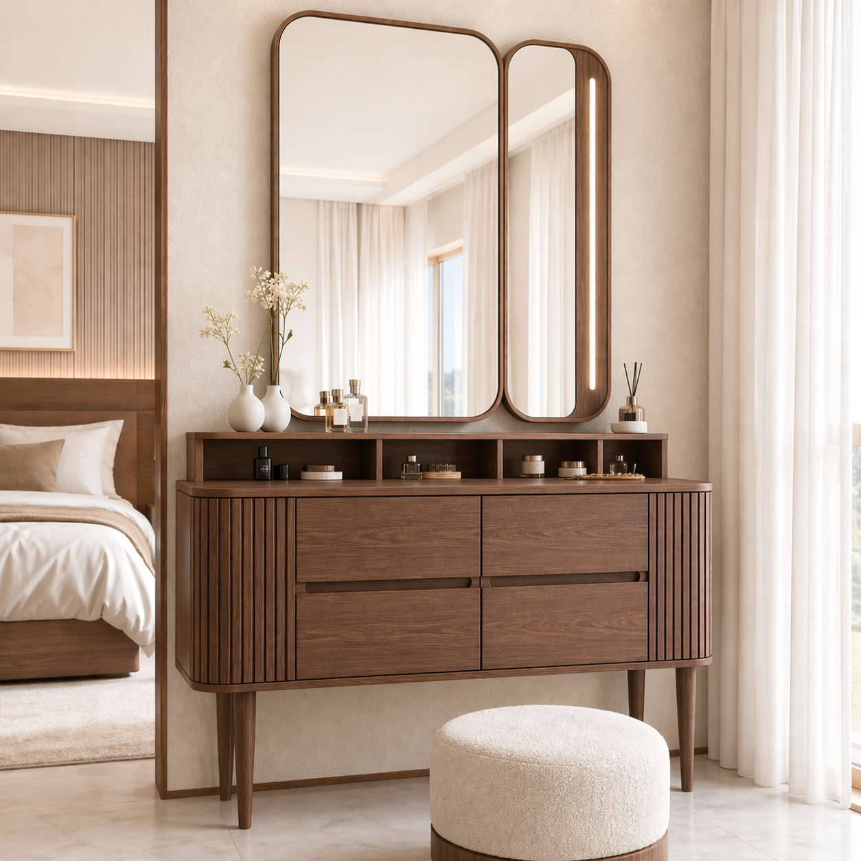 Modern Makeup Vanity Desk With LED Mirror Drawers Dressing Table Bedroom Furniture
