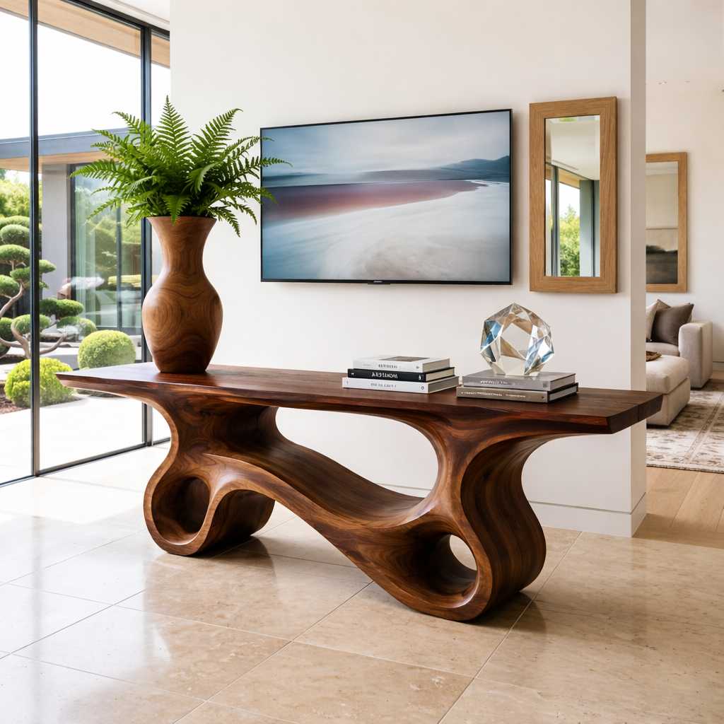 Solid Wood Console Table with Sculpted Curved Design, Modern Minimalist Furniture