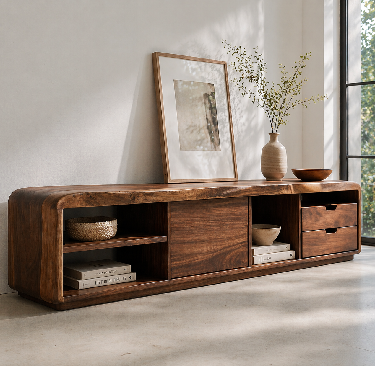 Solid Wood Media Console with Rounded Edges, Modern Low TV Stand with Storage