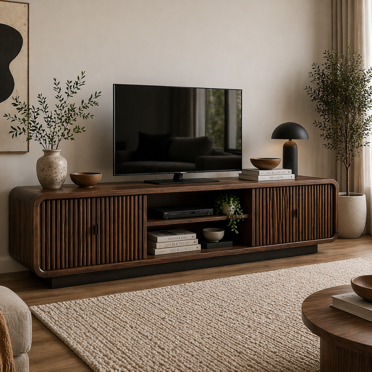 Modern Solid Wood TV Cabinet with Slatted Doors & Open Shelf Storage