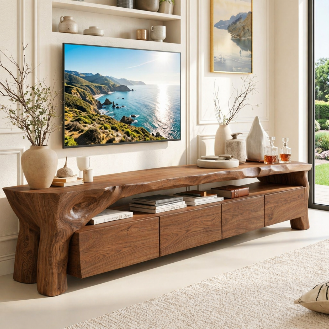 Rustic Live Edge Entertainment Console, Organic TV Stand for Sophisticated Interiors