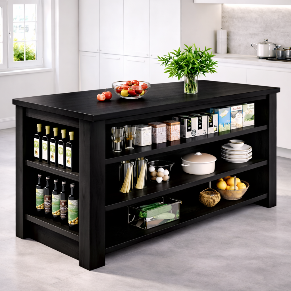 Large Kitchen Island with Open Storage Shelves, Modern Prep Table for Kitchen Dining Space