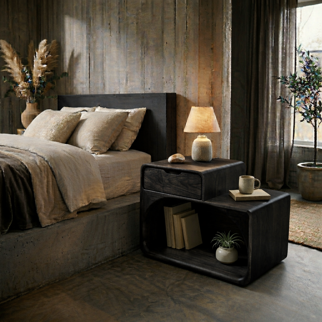 Solid Wood Nightstand with Drawer & Open Shelf – Modern Curved Bedside Table