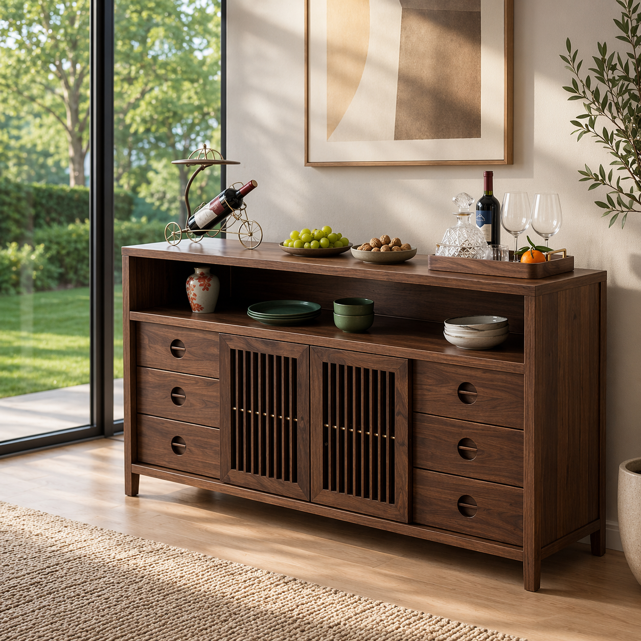 Solid Wood Console Sideboard with Slatted Doors – Modern Walnut Storage Cabinet