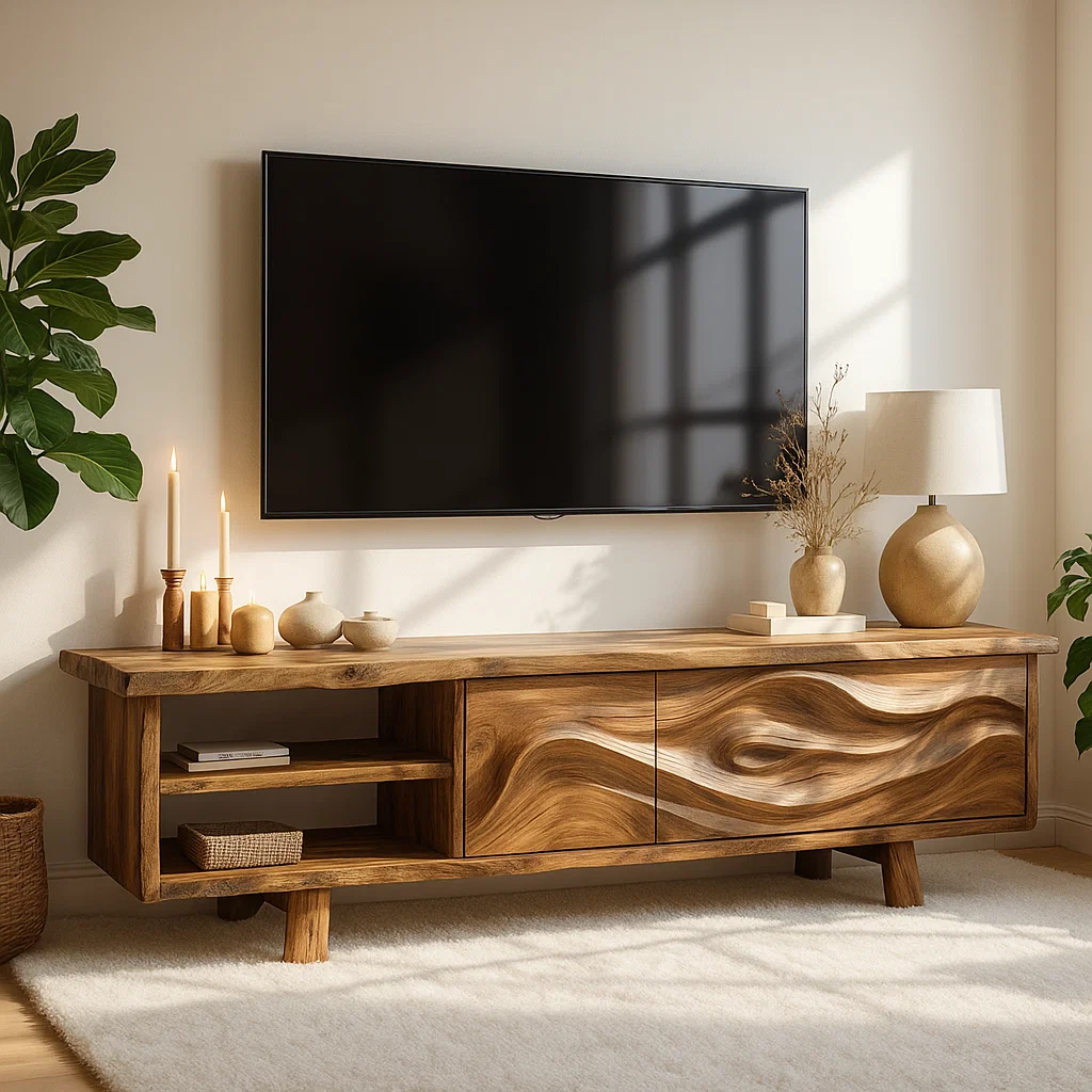 Live Edge Solid Wood TV Stand Walnut Media Console Hand Carved Modern Entertainment Unit