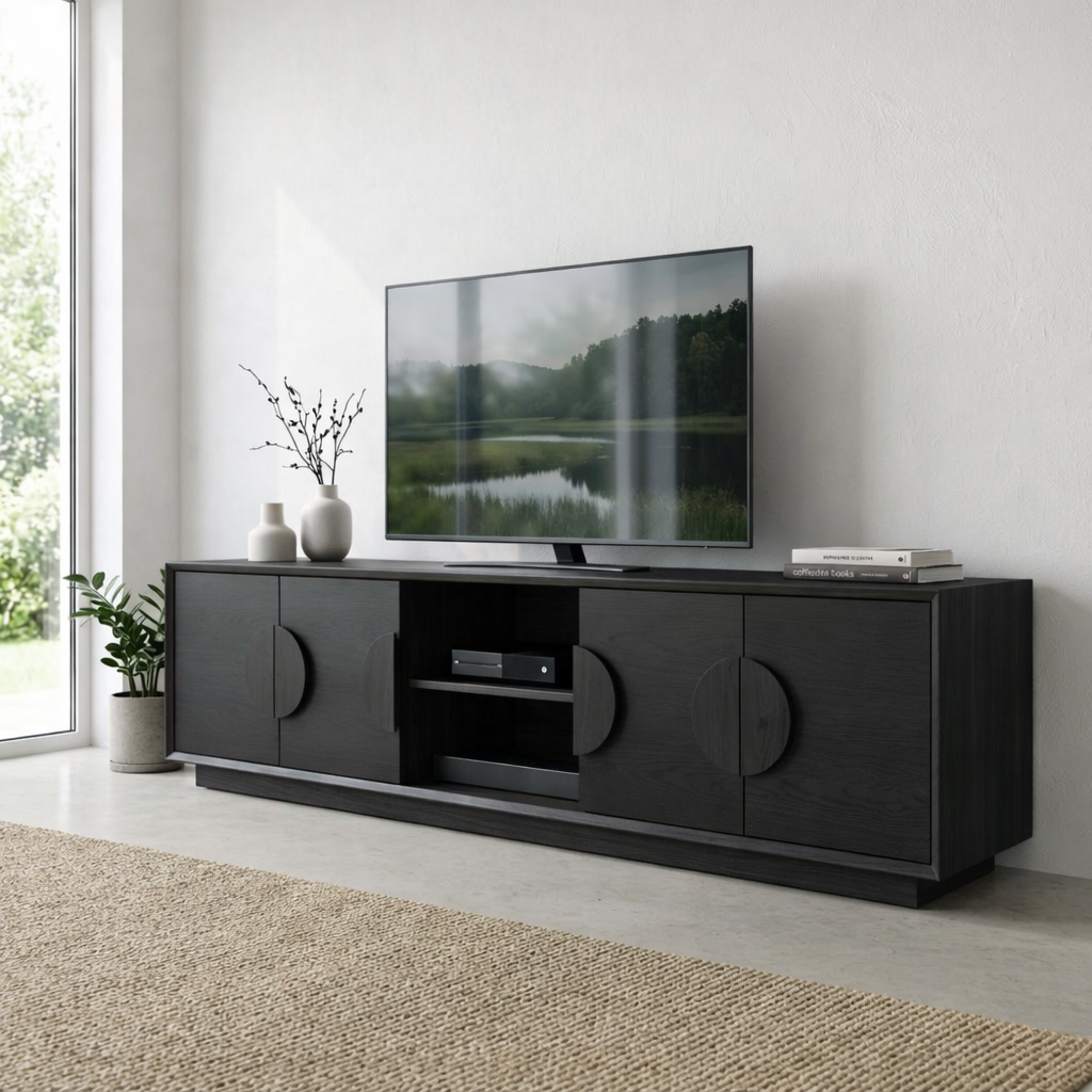 Modern Solid Wood Media Console with Storage – Minimal TV Stand with Cabinets