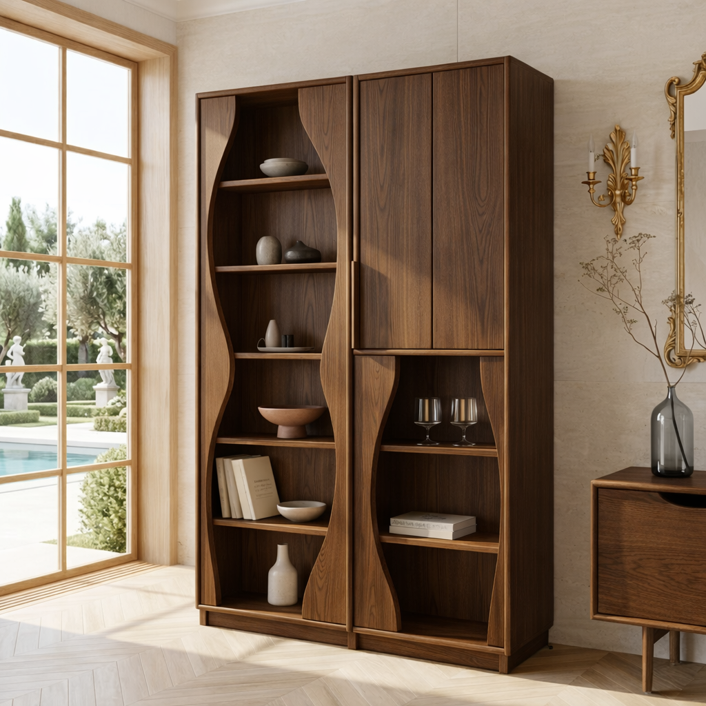 Modern Display Cabinet with Wavy Open Shelves and Tall Concealed Storage