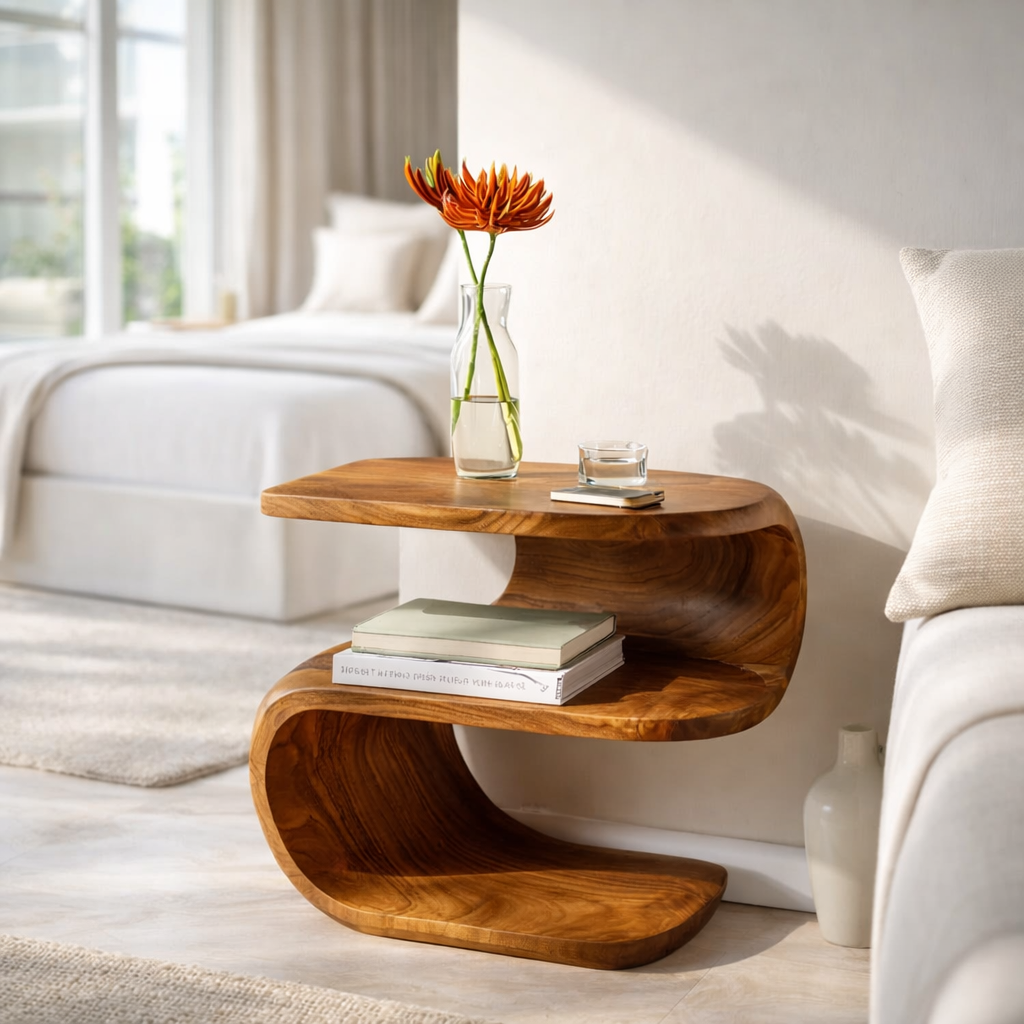 Solid Wood Nightstand with Curved Design – Modern Bedside Table with Storage