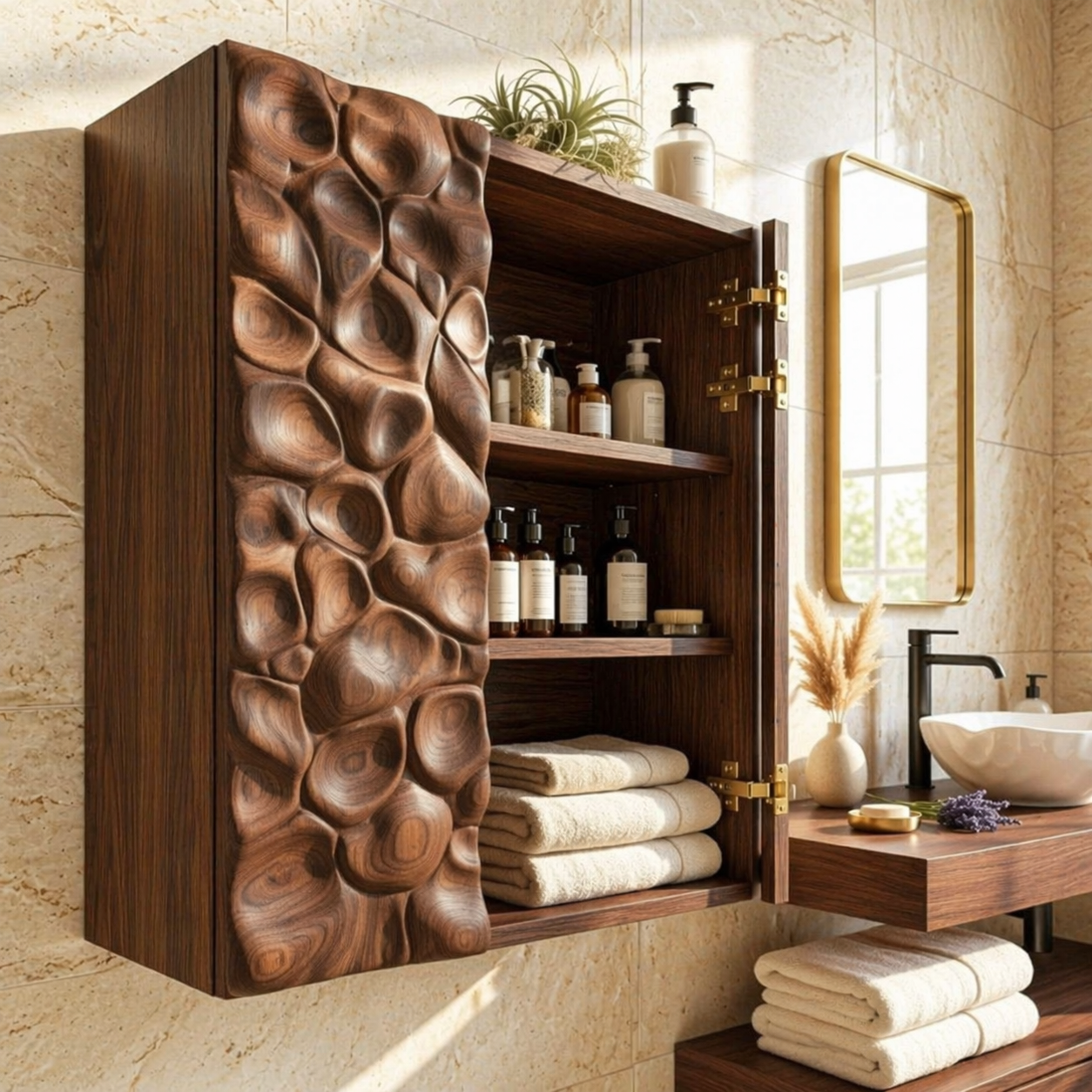 Floating Bathroom Cabinet, Modern Sculpted Wall Mounted Vanity Storage Organizer