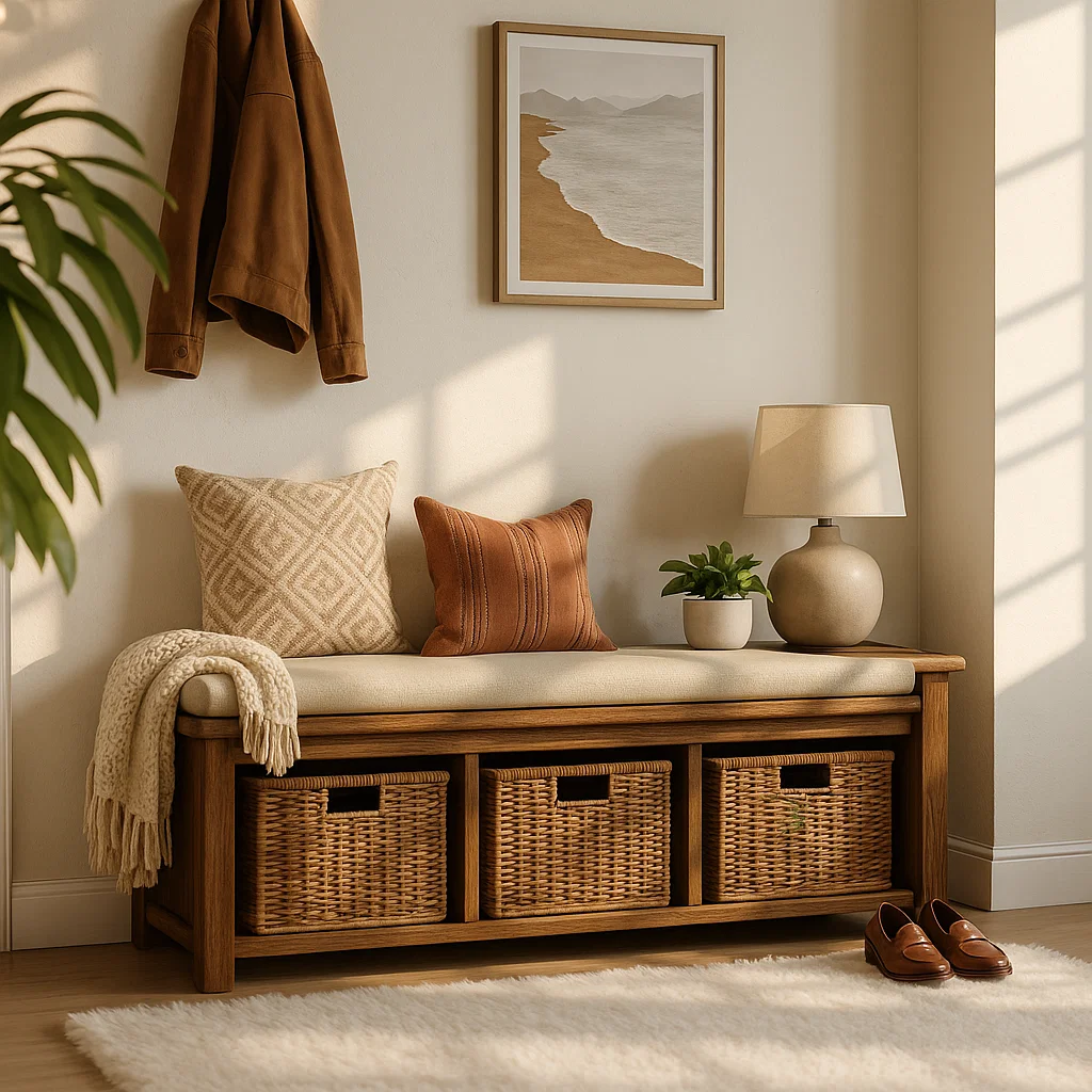 Solid Wood Entryway Bench with Woven Basket Storage, Rustic Hallway Organizer