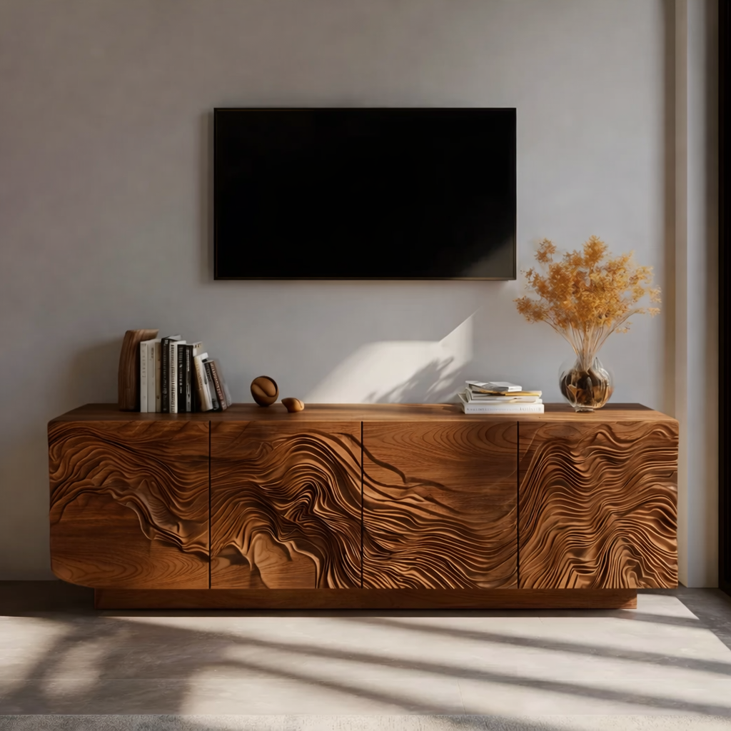 Solid Wood TV Stand with Carved Wave Design Modern Oak Media Console with Storage