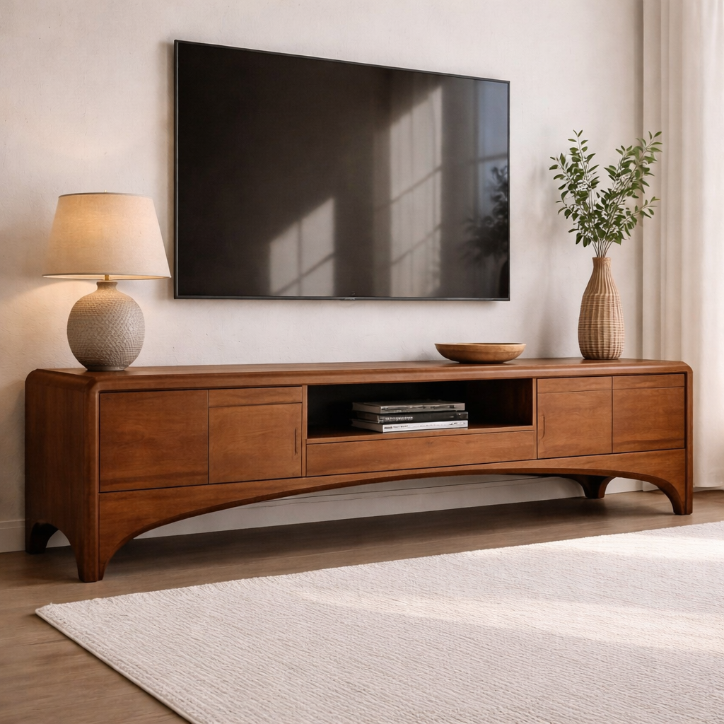 Solid Wood TV Cabinet with Drawers and Open Shelf