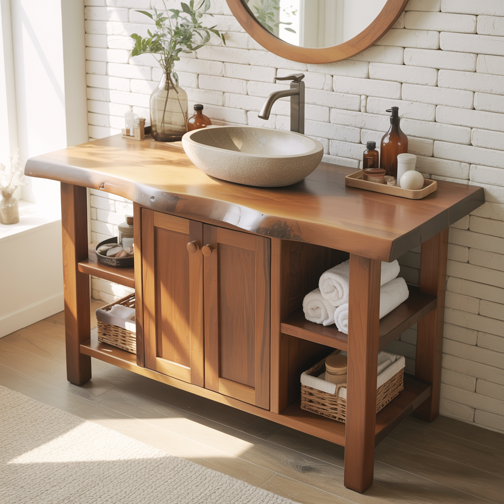 Handcrafted Solid Wood Bathroom Vanity with Live Edge Countertop and Open Storage Shelves